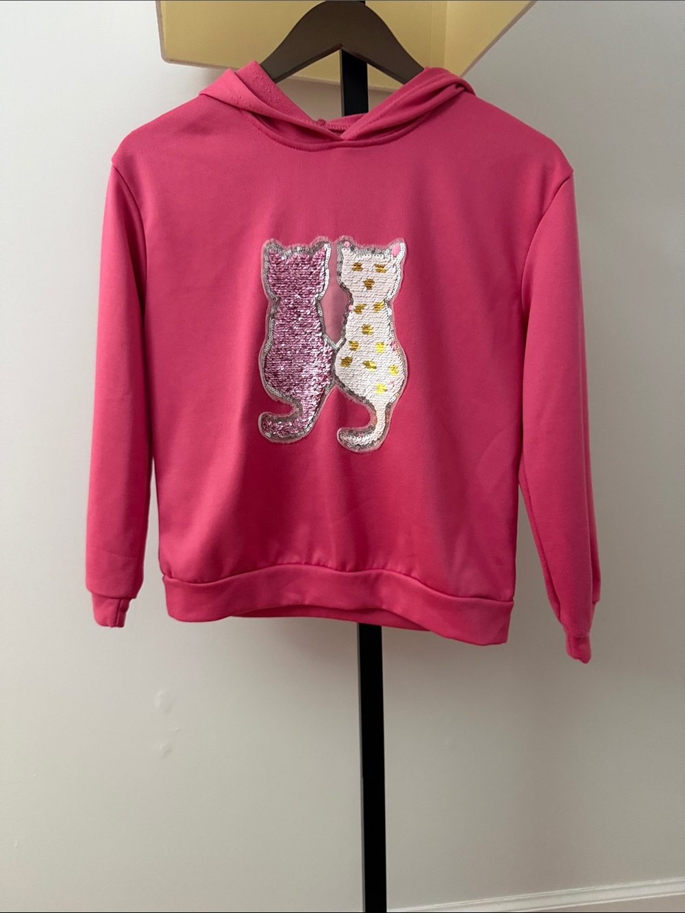 SHEIN Hot Pink Girls Hoodie with Sequin Cat Patch